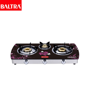 BALTRA Glass Body Gas Stove | 3 Burner | Auto Ignition | Premium Plus | Tempered glass, oval shaped | Burner size- 90 + 90 + 70 mm | Heavy pan support | Superior quality metal knob | 12 months warranty