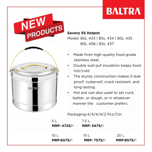 BALTRA Hotpot | Savory | 15 L | BSL 436 | High quality food grade stainless steel | Double wall puf insulation | Leak proof, rustproof, crack resistant, | Long lasting Hot pot can also used to set curd - Image 2