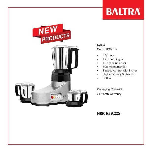BALTRA Kyle 3 Mixer Grinder / 3 SS Jars /1.5 L blending jar / 1 L dry grinding jar / 0.5 L chutney jar / 800 W - Image 2