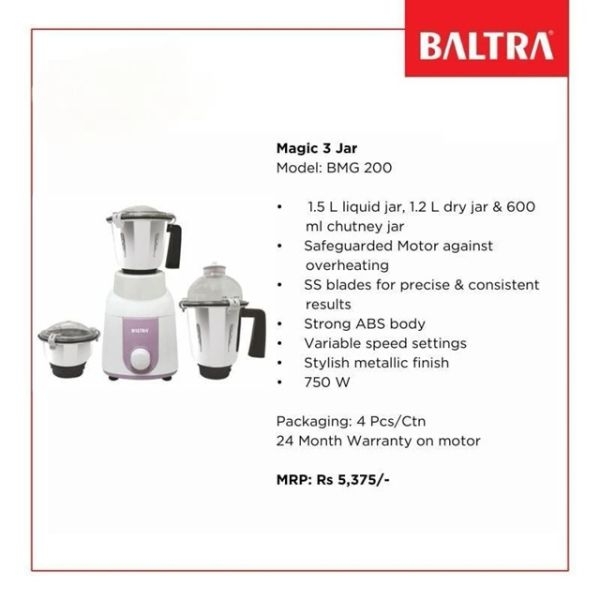 BALTRA magic 3 750Watt Mixer Grinder with 3 Stainless Steel Jars 2year warranty - Image 3