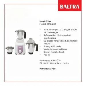 BALTRA magic 3 750Watt Mixer Grinder with 3 Stainless Steel Jars 2year warranty