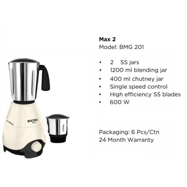 BALTRA Mixer Grinder | Max 2 | 600 Watt | 1200 ml Blending Jar | 400 ml chutney jar | 24 months warranty - Image 2