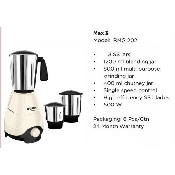 BALTRA Mixer Grinder | Max 3 | 600 Watt | 1200 ml Blending Jar | 800 ml grinding jar | 400 ml chutney jar | 24 months warranty - Image 2