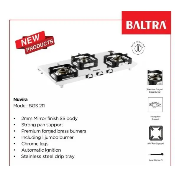 Baltra Nuvira 3 Burner Gas Stove BGS 211 | Mirror Finish Stainless Steel | Auto Ignition | Premium Brass Burners | 24 Months Warranty - Image 2