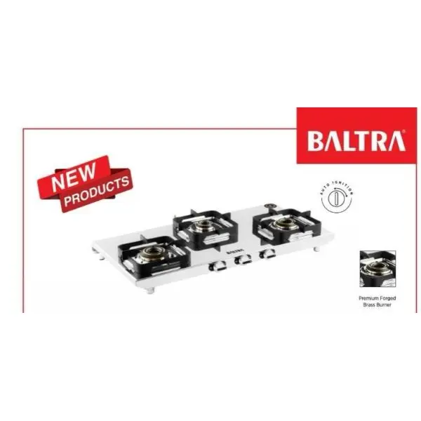 Baltra Nuvira 3 Burner Gas Stove BGS 211 | Mirror Finish Stainless Steel | Auto Ignition | Premium Brass Burners | 24 Months Warranty - Image 3