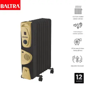 BALTRA Oil Heater | 13 Fin oil filled radiator with fan | 3 Heat settings & noiseless operation | Built-in safety features | PTC fan heater for better | Heating efficiency | Adjustable Thermostat | 12 months warranty