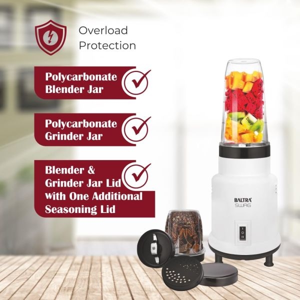 BALTRA Swag Mixer | 2 jar | 400 W Powerful Motor| Overload Protector | Premium SS Blades | Break Resistant | Transparent PC Jars Blending & Grinding Jar Lid With One Additional Seasoning Lid | Anti Skid Base | ISI Marked | 2 Years Warranty - Image 3