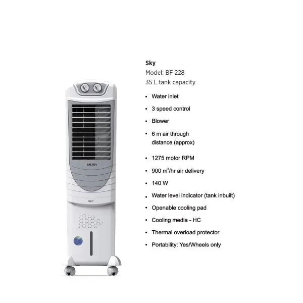 BALTRA Tower Water Cooler | Sky | 35 ltr | 140 Watt | Honeycomb pads | 3 speed control | Works on inverter | Thermal overload protector | Quadra flow technology | 12 months warranty - Image 5