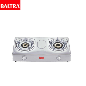 BALTRA Two burner Gas Stove | Silver | Stainless steel body | High efficiency cast iron burner | Electro plated pan support | Sturdy ABS knobs | Auto ignition | 12 Month Warranty