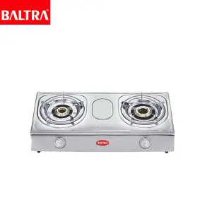 BALTRA Two burner Gas Stove | Silver | Stainless steel body | High efficiency cast iron burner | Electro plated pan support | Sturdy ABS knobs | Auto ignition | 12 Month Warranty