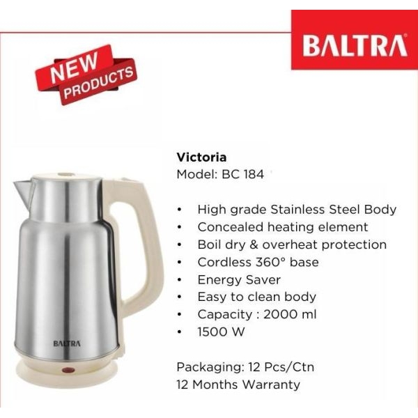 BALTRA Victoria Electric Kettle BC 184 | 2L Stainless Steel | 1500W | Auto Cut Off | Energy Saver | 12 Months Warranty - Image 2