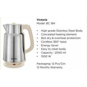 BALTRA Victoria Electric Kettle BC 184 | 2L Stainless Steel | 1500W | Auto Cut Off | Energy Saver | 12 Months Warranty
