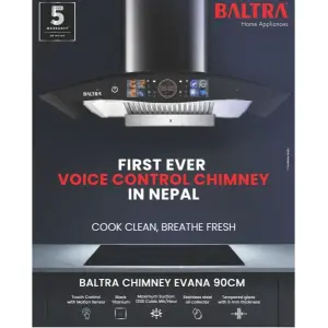 BALTRA Voice Control Chimney | Evana | High grade stainless steel panel | Black titanium chimney | Tempered glass with 6 mm thickness | Hand sensor and touch control | 100% pure copper motor | Suction: 1000 cubic mtr/hour | 11 Degree incline baffle filter