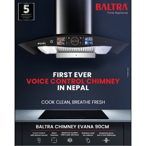 BALTRA Voice Control Chimney | Evana | High grade stainless steel panel | Black titanium chimney | Tempered glass with 6 mm thickness | Hand sensor and touch control | 100% pure copper motor | Suction: 1200 cubic mtr/hour | 11 Degree incline baffle filter - Image 2