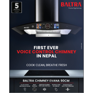 BALTRA Voice Control Chimney | Evana | High grade stainless steel panel | Black titanium chimney | Tempered glass with 6 mm thickness | Hand sensor and touch control | 100% pure copper motor | Suction: 1200 cubic mtr/hour | 11 Degree incline baffle filter
