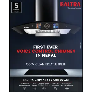 BALTRA Voice Control Chimney | Evana | High grade stainless steel panel | Black titanium chimney | Tempered glass with 6 mm thickness | Hand sensor and touch control | 100% pure copper motor | Suction: 1200 cubic mtr/hour | 11 Degree incline baffle filter
