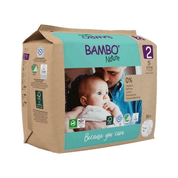 Bambo Nature Diapers Size 2 S (3–6 kgs) (30 pcs Tape Style) + 50 pcs Biodegradable Wet Wipes | Eco-Friendly Baby Diaper Combo Pack | Sensitive Skin Safe - Image 2