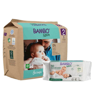 Bambo Nature Diapers Size 2 S (3–6 kgs) (30 pcs Tape Style) + 50 pcs Biodegradable Wet Wipes | Eco-Friendly Baby Diaper Combo Pack | Sensitive Skin Safe