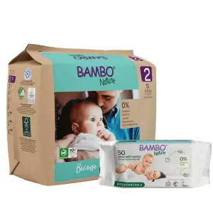 Bambo Nature Diapers Size 2 S (3–6 kgs) (30 pcs Tape Style) + 50 pcs Biodegradable Wet Wipes | Eco-Friendly Baby Diaper Combo Pack | Sensitive Skin Safe
