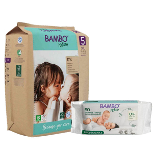 Bambo Nature Diapers Size 5 XL(12-18 kgs) (22 pcs Tape Style) + 50 pcs Biodegradable Wet Wipes | Eco-Friendly Baby Diaper Combo Pack | Sensitive Skin Safe