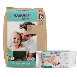 Bambo Nature Diapers Size 6 XXL (16+ kgs) (20 pcs Tape Style) + 50 pcs Biodegradable Wet Wipes | Eco-Friendly Baby Diaper Combo Pack | Sensitive Skin Safe