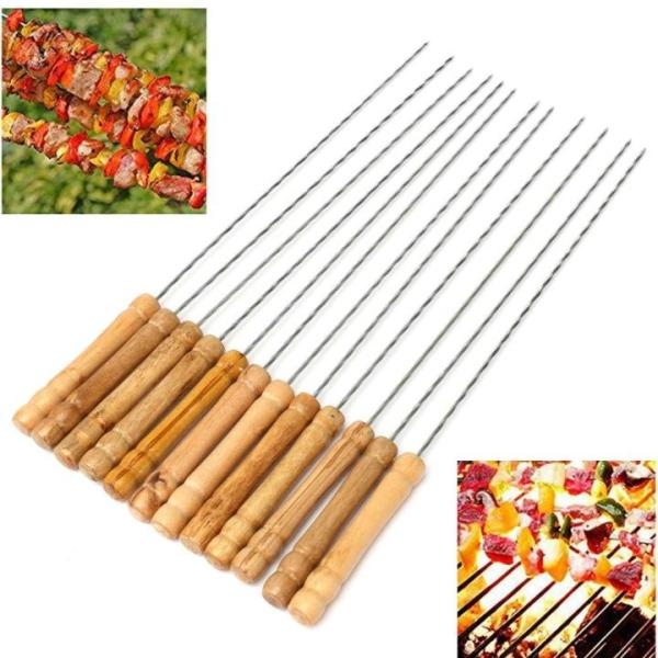 Barbecue Skewers Meccion 12Pcs Stainless Steel Barbecue String with Wooden Handle BBQ Stick Needles BOS - Image 2