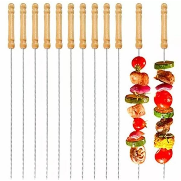 Barbecue Skewers Meccion 12Pcs Stainless Steel Barbecue String with Wooden Handle BBQ Stick Needles BOS - Image 4
