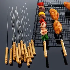 Barbecue Skewers Meccion 12Pcs Stainless Steel Barbecue String with Wooden Handle BBQ Stick Needles BOS