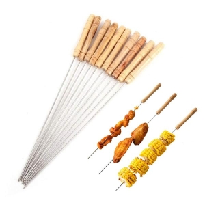 Barbecue Skewers，Meccion 10Pcs Stainless Steel Barbecue String With Wooden Handle Bbq Stick Needles