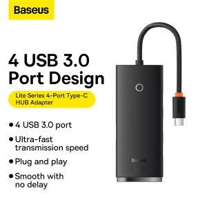 Baseus Lite Series 4 Port Type-C HUB Adapter (Type-C to USB 3.0*4) 25cm Black