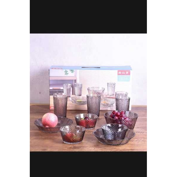 NepLiving Transparent Stripe Glass Bowl and Glasses for Home, Restaurants (850ml*1, 400ml*3, 19.2cm*2, 350ml*3) - Image 2