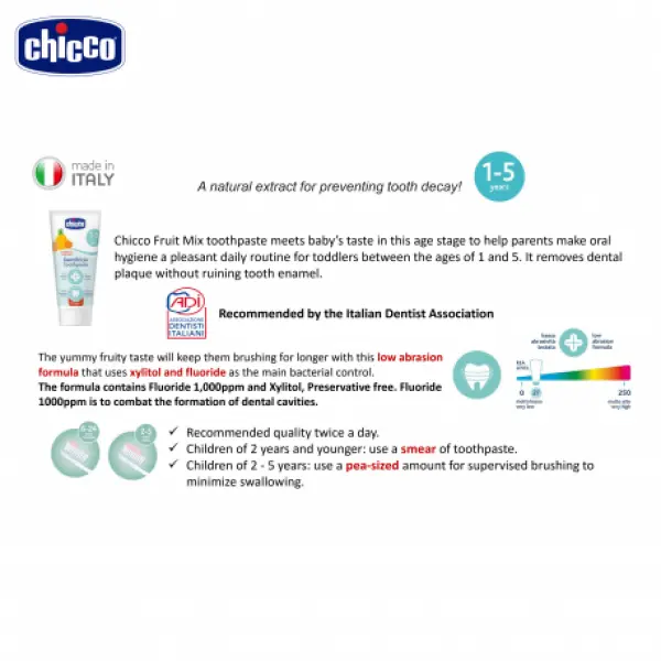 CHICCO TOOTH PASTE TUTTI FRUTTI FRUIT MIX 1-5Y WITH FLUORINE - Image 4