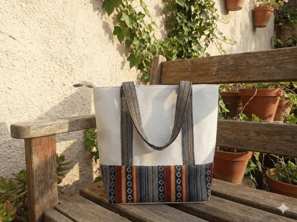 Beige & Multi Color Handcrafted Cotton Shoulder Bag - Made in Nepal - Image 2