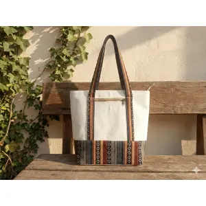 Beige & Multi Color Handcrafted Cotton Shoulder Bag - Made in Nepal