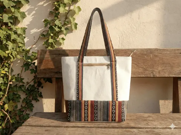 Beige & Multi Color Handcrafted Cotton Shoulder Bag - Made in Nepal