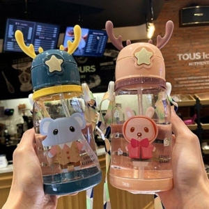 KOJA Water Bottle For Kids School/Outdoor/Travel Cute Cartoon Fashion Shoulder Strap Lovely Deer Fawn Bottle