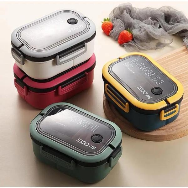 1200ml Lunch Bento Box Foldable Handle Double Layers 2 Tiers with Spoon and Fork - Image 3