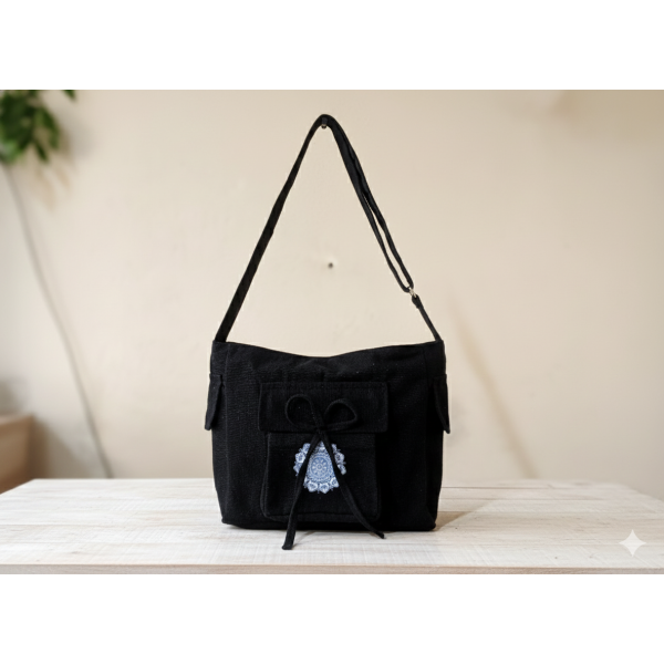 Black Cotton Bow Cross Body Bag with Adjustable Strap - Image 2