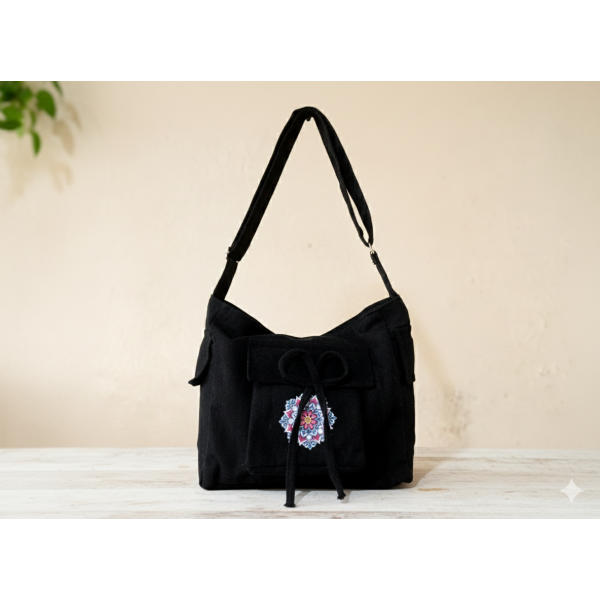 Black Cotton Bow Cross Body Bag with Adjustable Strap - Image 3