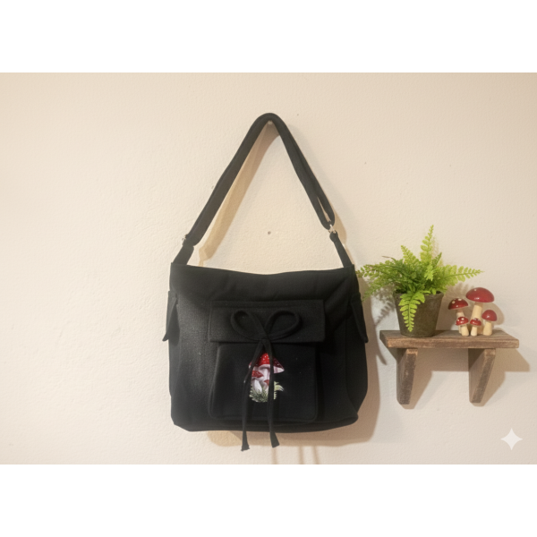 Black Cotton Bow Cross Body Bag with Adjustable Strap - Image 4