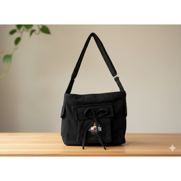 Black Cotton Bow Cross Body Bag with Adjustable Strap - Image 5