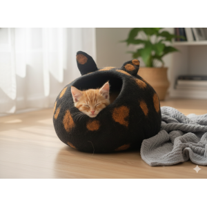 Black Hand‑Felted Wool Cat House – 100 % New Zealand Wool, Made in Nepal
