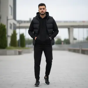 Black Stylish Hoodie, Joggers, And Half Jacket Set For Men - Fashion | Joggers For Men | Jackets For Men |
