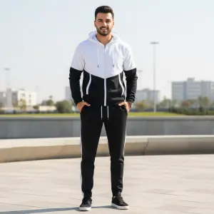 Black/White Summer Stretchable Wrinkle Jacket And Joggers - Fashion | Summer Clothing Set For Men | Men's Wear | (Set of 2 Piece)
