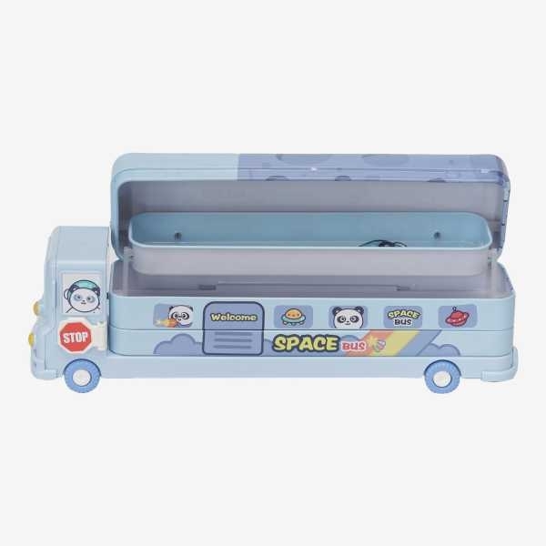Blue Color Cartoon Printed School Bus Metal Pencil Box With Moving Tyres And Sharpner For Kids - Image 2