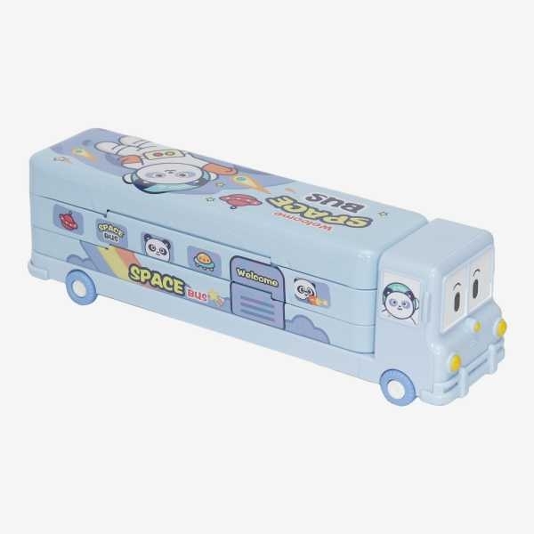 Blue Color Cartoon Printed School Bus Metal Pencil Box With Moving Tyres And Sharpner For Kids - Image 3