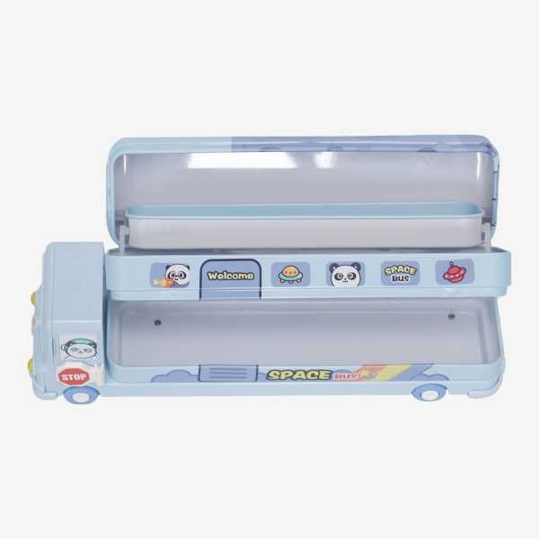 Blue Color Cartoon Printed School Bus Metal Pencil Box With Moving Tyres And Sharpner For Kids - Image 4