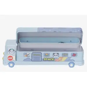Blue Color Cartoon Printed School Bus Metal Pencil Box With Moving Tyres And Sharpner For Kids
