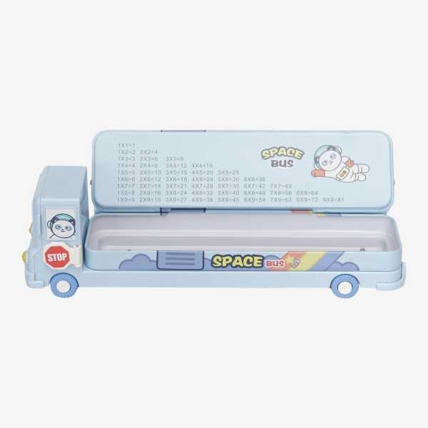 Blue Color Cartoon Printed School Bus Metal Pencil Box With Moving Tyres And Sharpner For Kids - Image 5