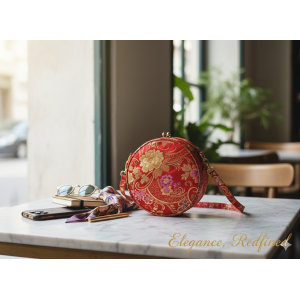 Brocade Round Crossbody Bag - Compact 18cm Side Bag with 110cm Strap